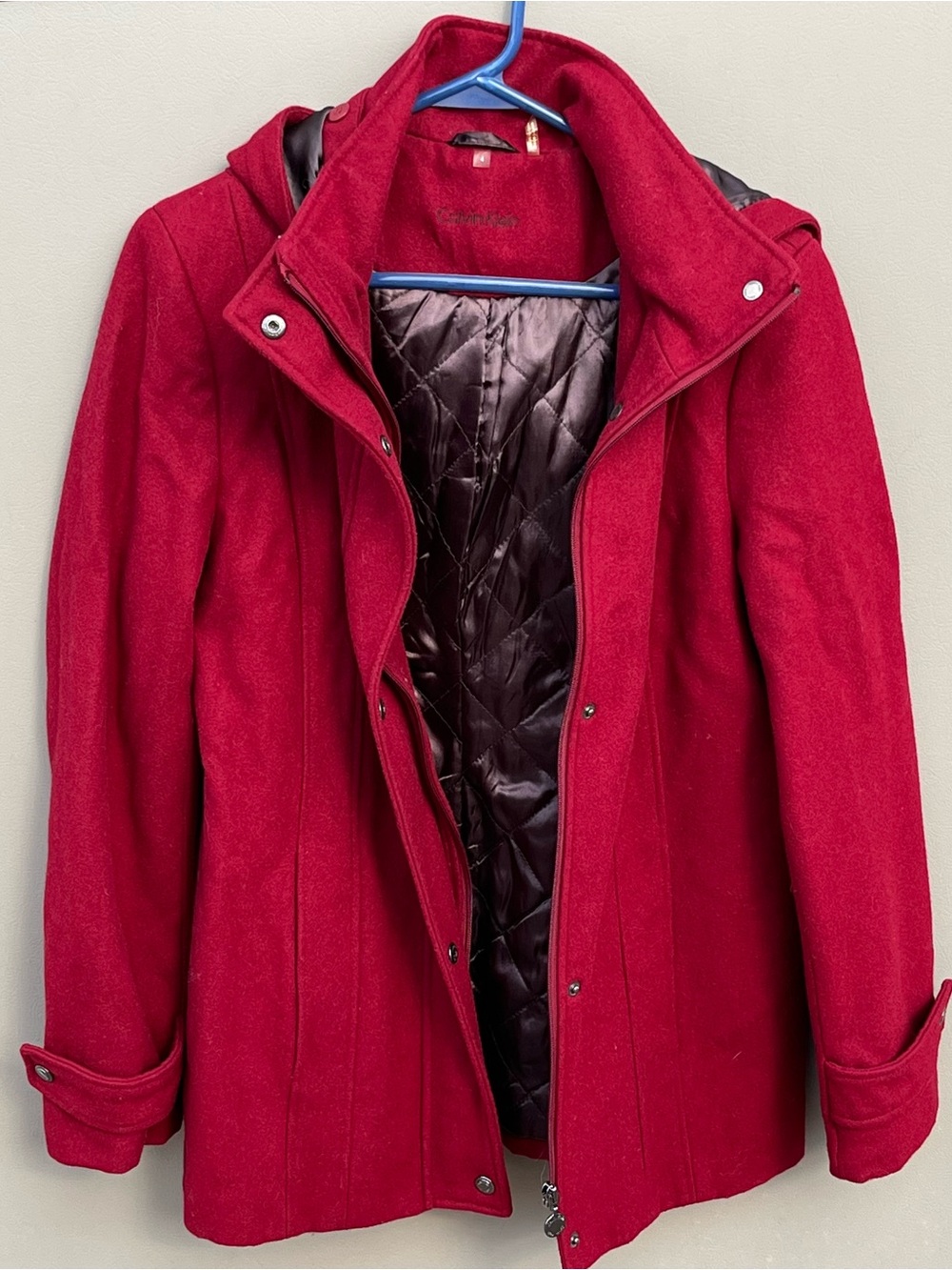 Calvin Klein Red Hooded Wool-Blend Pea Coat Size 4 *Like New*